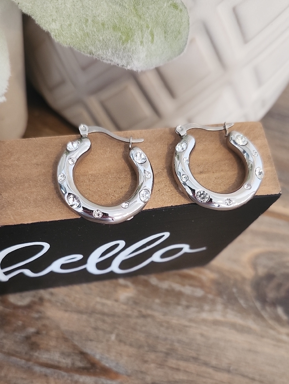 Silver Crystal-Stud Hoop Earrings
